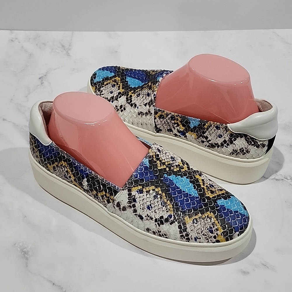 Franco Sarto Blue Snake Print Slip-On Leather Platforms Shoes